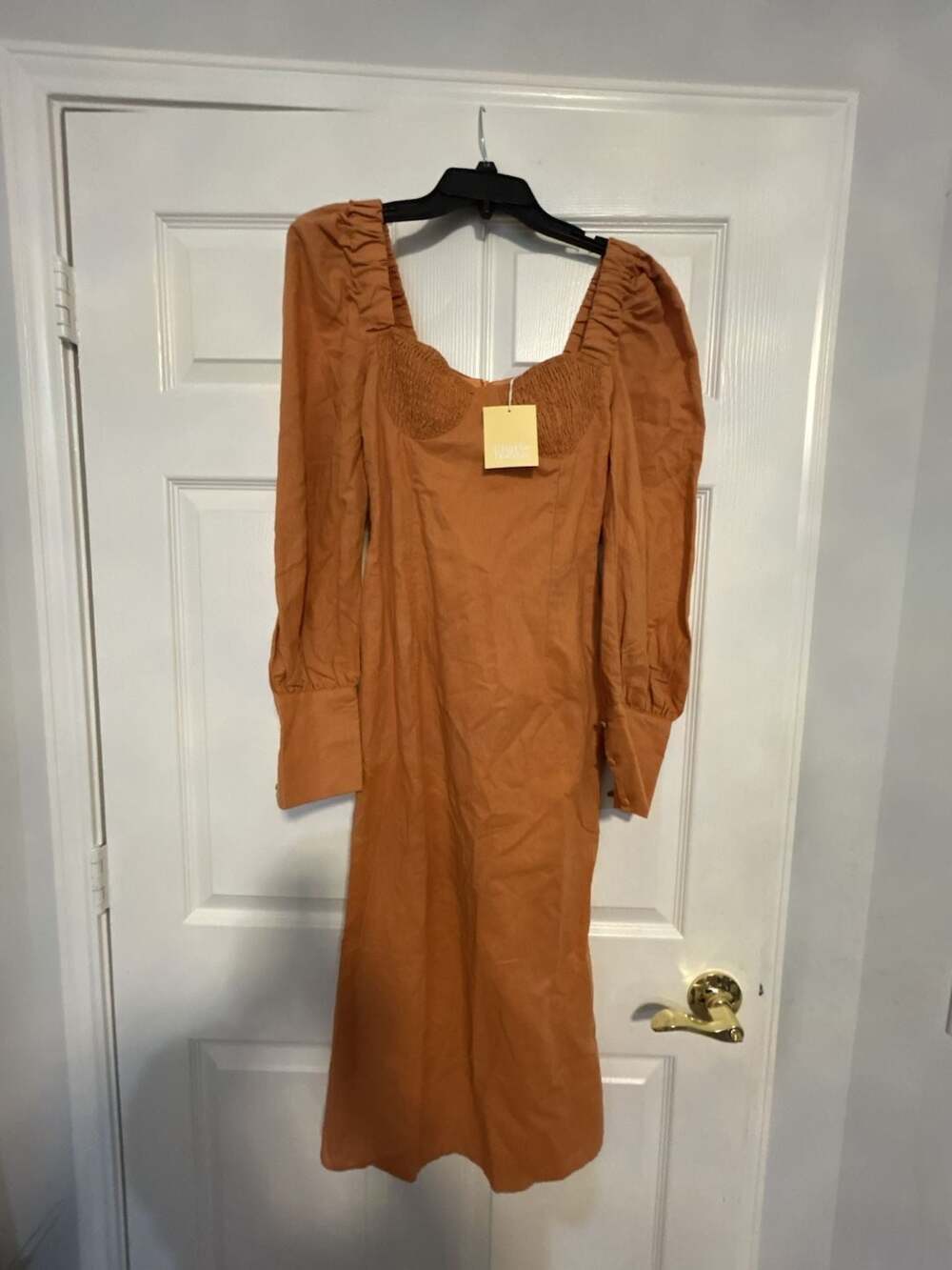 Charlie Holiday Sienna Dress Orange Smocked Puff Sleeve Midi Dress